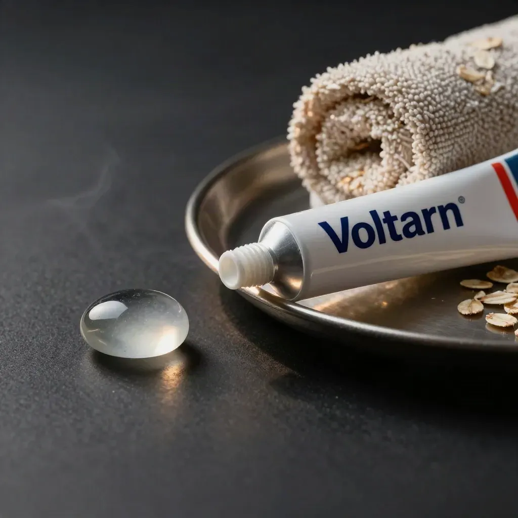Voltaren gel, glaststen, handduk och metallbricka i dramatisk studiobelysning.